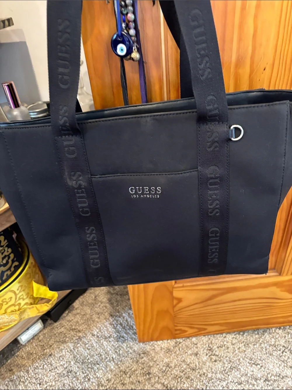 GUESS Black Branded Strap Tote Laptop Bag